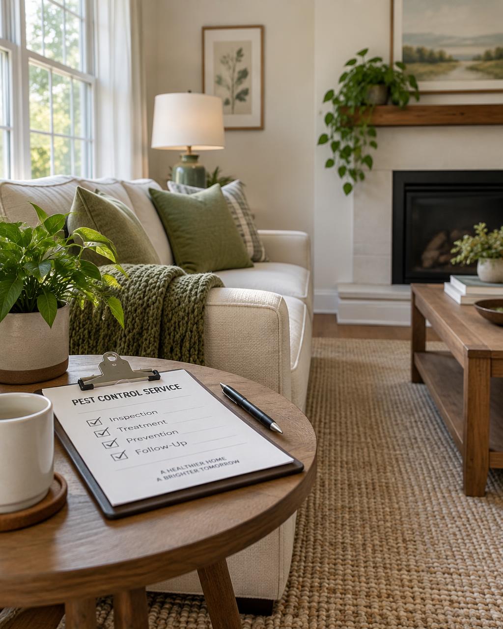 Bright living room with a pest control service checklist on the table